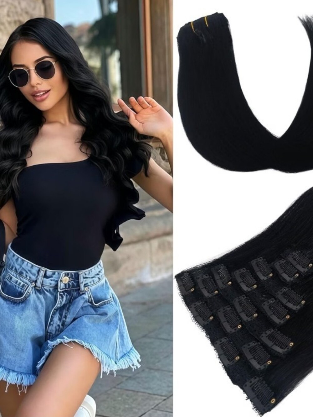 Human Hair Clip In Extensions Double Weft 7 Piece 100g 18" Jet Black